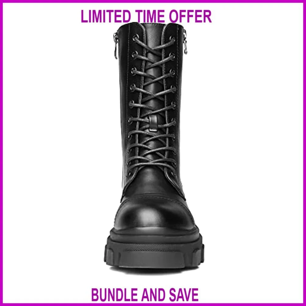 Women's Combat Boots Mid Calf Low Heel Chunky Platform Lug Sole - Picture 4 of 7